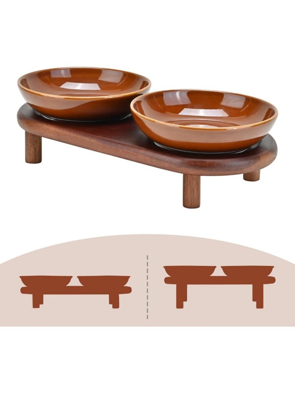 Extra Wide Elevated Ceramic Cat Bowl with Acacia Wood Stand - Whisker Friendly